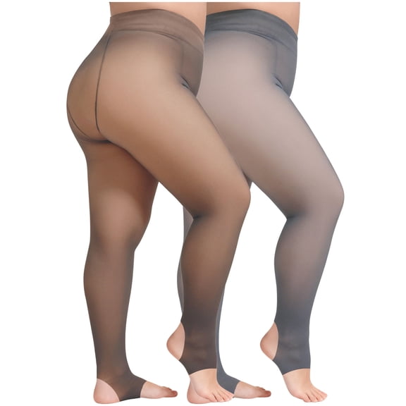 Women's 2-Pack Plus Size Footed Thermal Tights 220g Thick Fleece Lined Leggings Ultra Warm Winter Opaque Cropped Pants for Cold Weather