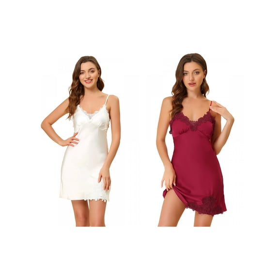 NOMADIC NOOK Women's 2-Pack Satin Nightgowns V-Neck Lace Cami Dress Chemise Mini Pajama Dress Large White/Red