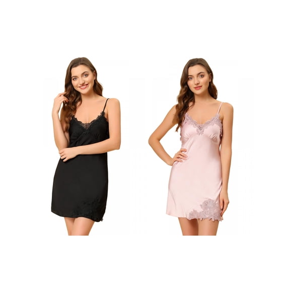 NOMADIC NOOK Women's 2-Pack Satin Nightgowns V-Neck Lace Cami Dress Chemise Mini Pajama Dress Small Black/Pink