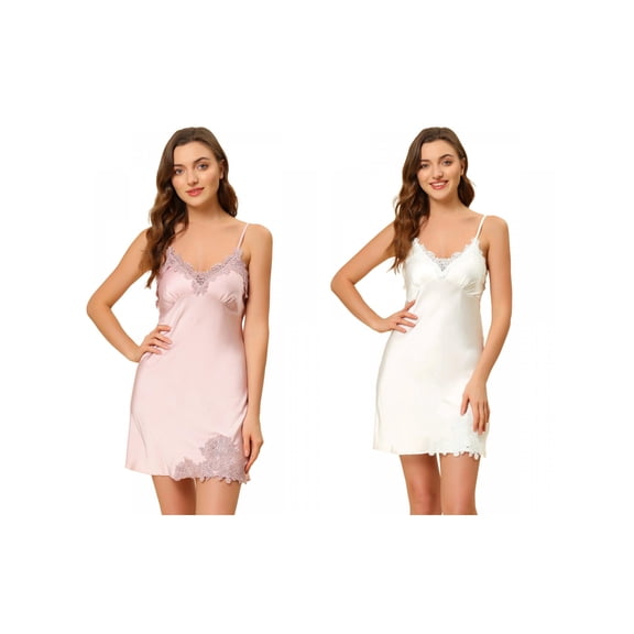 NOMADIC NOOK Women's 2-Pack Satin Nightgowns V-Neck Lace Cami Dress Chemise Mini Pajama Dress Small Pink/White