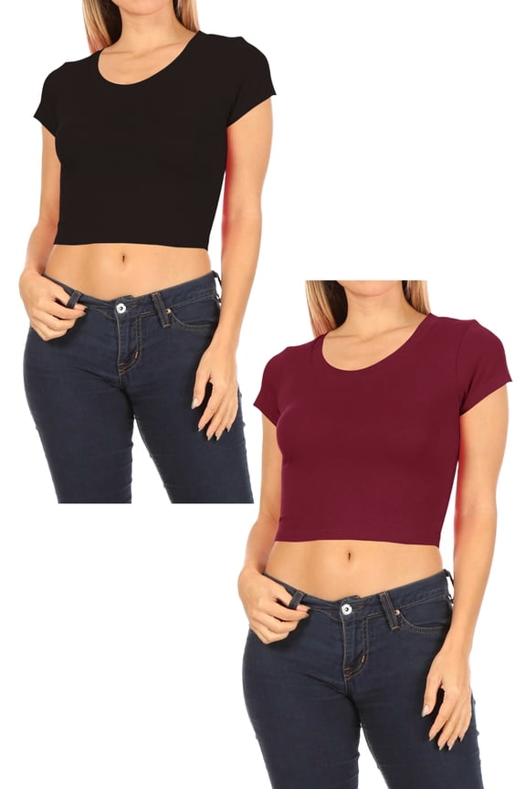 Women's 2-Pack Short Sleeve Stretch Round Neck Solid Cropped Top