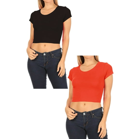 Women's 2-Pack Short Sleeve Stretch Round Neck Solid Cropped Top