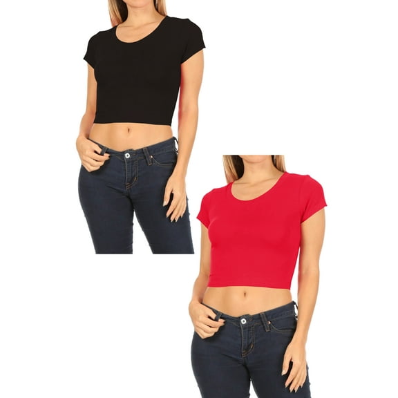 Women's 2-Pack Short Sleeve Stretch Round Neck Solid Cropped Top