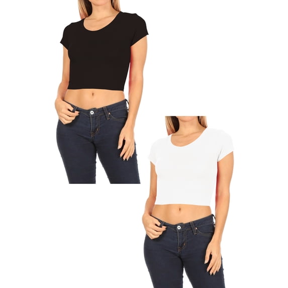 Women's 2-Pack Short Sleeve Stretch Round Neck Solid Cropped Top