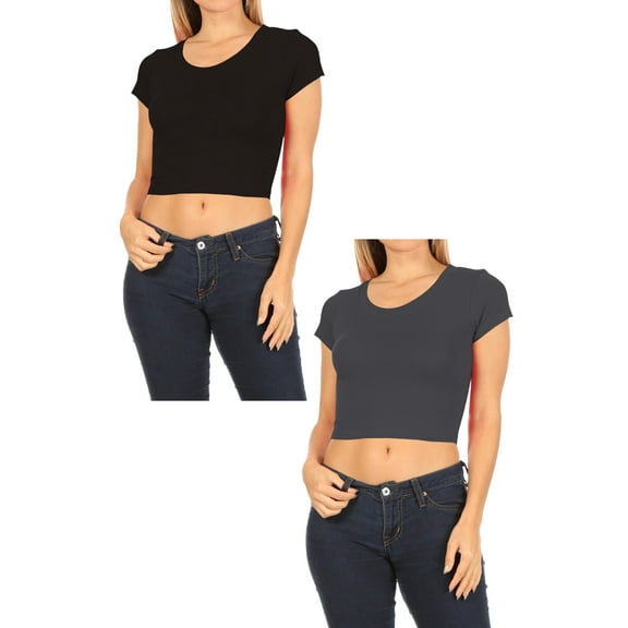 Women's 2-Pack Short Sleeve Stretch Round Neck Solid Cropped Top