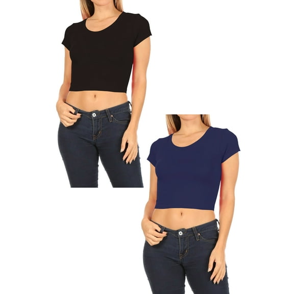 Women's 2-Pack Short Sleeve Stretch Round Neck Solid Cropped Top