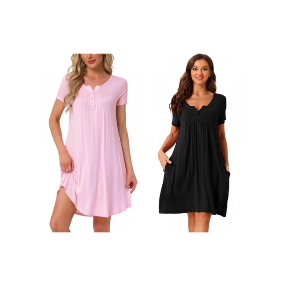 Women's 2-Pack Sleepwear Summer Short Sleeves with Pockets Lounge Nightgowns Large Black/Pink