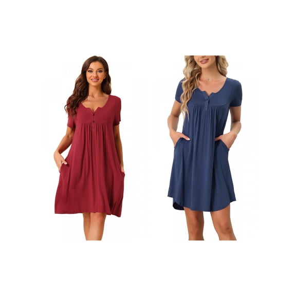 Women's 2-Pack Sleepwear Summer Short Sleeves with Pockets Lounge Nightgowns Large Wine Red/Blue