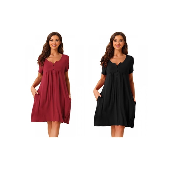 Women's 2-Pack Sleepwear Summer Short Sleeves with Pockets Lounge Nightgowns Medium Black/Wine Red