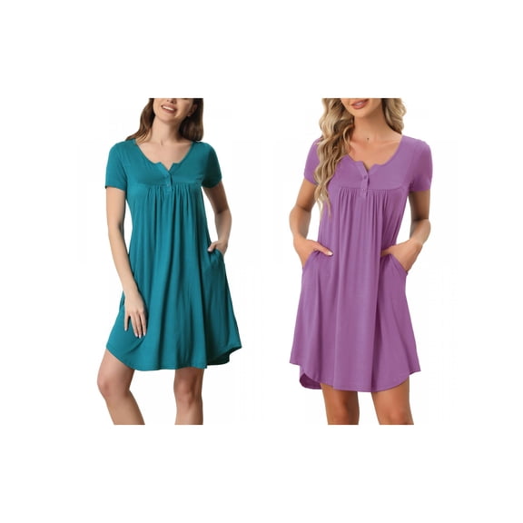 Women's 2-Pack Sleepwear Summer Short Sleeves with Pockets Lounge Nightgowns Medium Green/Gray Purple