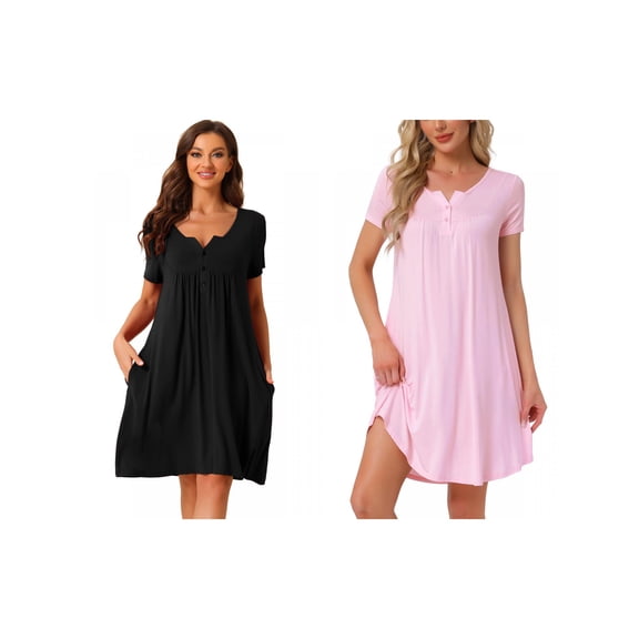 Women's 2-Pack Sleepwear Summer Short Sleeves with Pockets Lounge Nightgowns X-Large Black/Pink