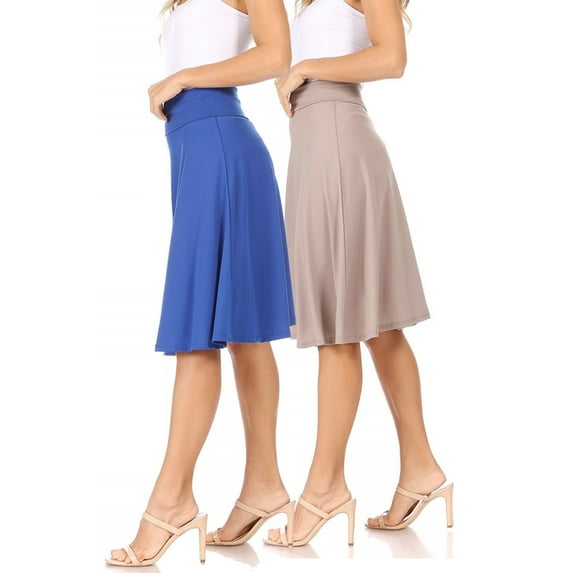Women's 2 Pack Solid Flare A-line Midi Skirt with Elastic Waistband