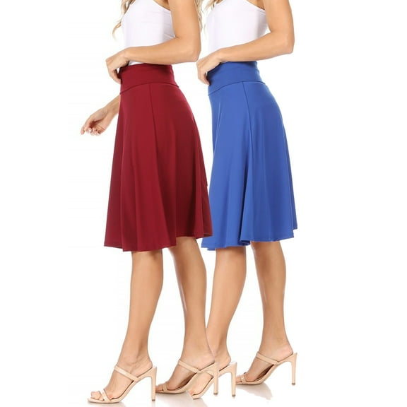 Women's 2 Pack Solid Flare A-line Midi Skirt with Elastic Waistband