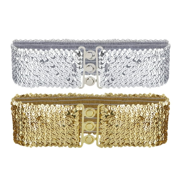 Women's 2-Pack Sparkly Sequin Elastic Belt Wide Decorative Dress Belt With Metal Interlocking Buckle, 2 Pieces(Gold+Silver)