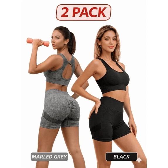 Women's 2 Pack Workout Sets, 4 Piece High Waist Yoga Shorts and Sports Bra Gym Activewear Outfits.Grey,Black