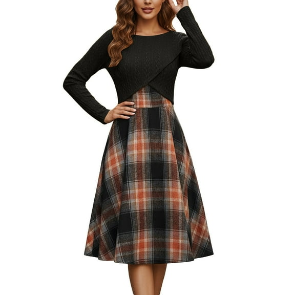 Women's 2 Packs Knitted Long Sleeve Top Plaid Dress Soft Slim Fit Cardigan and Dress Black M