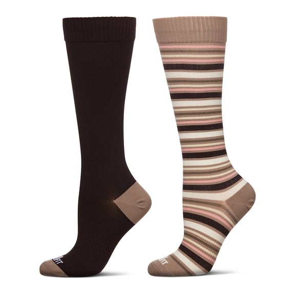 MeMoi 2 Pair Women's Knee-High Mild Compression Socks - Stripes/Solid Color - Womens - Female, 9-11, Taupe-Brown