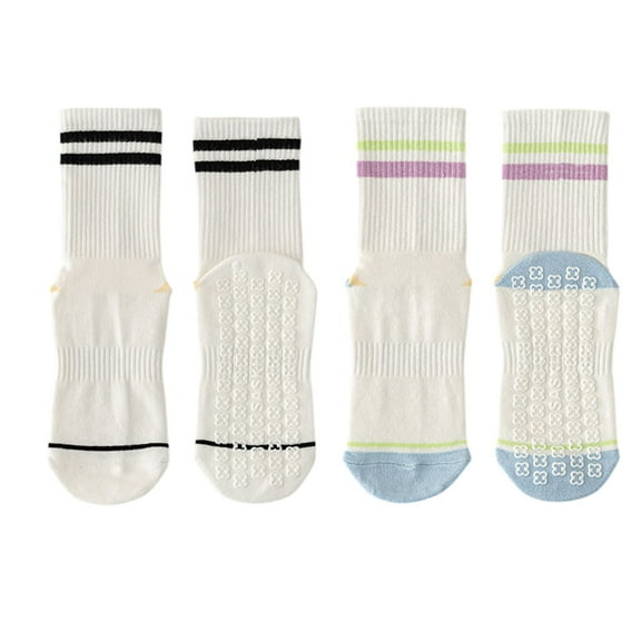 Women's 2-Pair Set Crew Athletic Socks with Striped Cuffs and Full Sole Grip for Yoga Fitness - 2 pairs-A