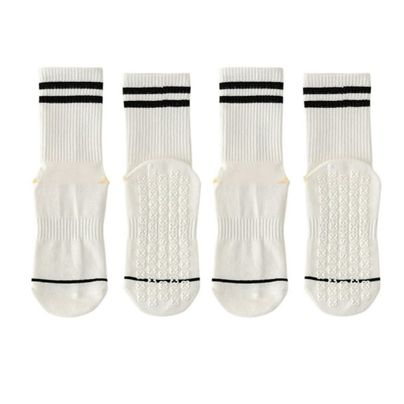 Women's 2-Pair Set Crew Athletic Socks with Striped Cuffs and Full Sole Grip for Yoga Fitness - 2 pairs-E