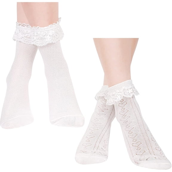 Women's 2 Pairs Ruffle Ankle Socks - Soft Lace Trim, Frilly, Princess Lace Topped Liners in White