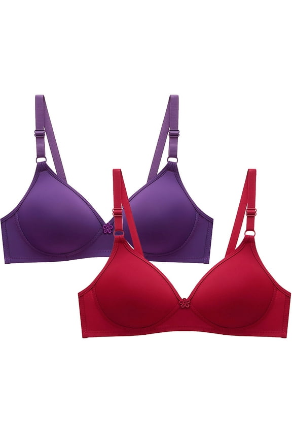 Women's 2 Pcs Cotton Comfort Bra, Wireless T-Shirt Bra, Pack of 2 Ladies Everyday Bras Underwear Essentials (Medium, Purple+Red)