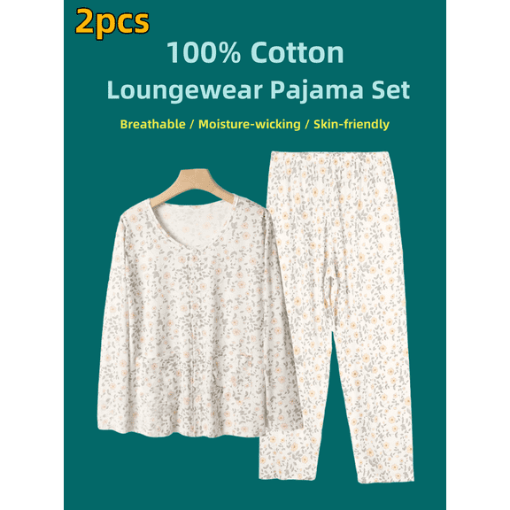 Women's 2-Piece 100% Cotton Small Floral Long-Sleeve Pajama Set - Cardigan Top (Buttons & Pockets) + Pants, Breathable, Sweat-Absorbent & Skin-Friendly, All-Seaso