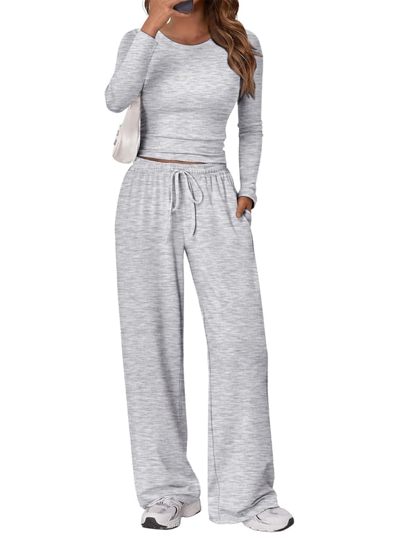 Women's 2 Piece 2026 Fall Fashion Lounge Set with Pockets | Airport Outfit, Athleisure Workout Set, Fall Wardrobe Staple, Winter Style, Side-Ruched Top, Drawstring Wide-Leg Pants