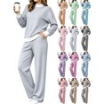 thumbnail image 1 of Women's 2‑Piece Athletic Set Mock‑Layer Striped Long‑Sleeve Top and High‑Waist Wide‑Leg Pants for Daily Wear, 1 of 6