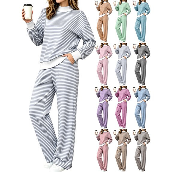 Women's 2‑Piece Athletic Set Mock‑Layer Striped Long‑Sleeve Top and High‑Waist Wide‑Leg Pants for Daily Wear