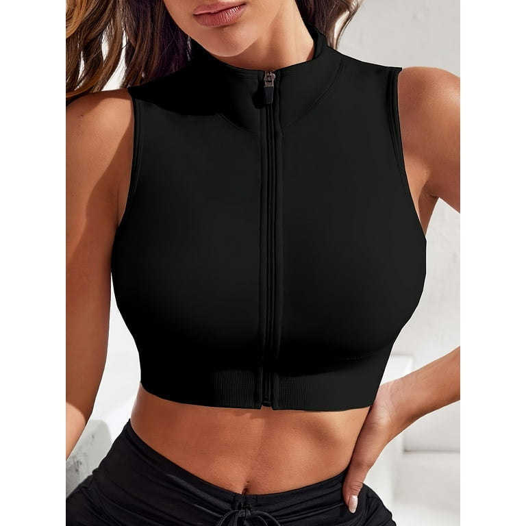 Women&rsquo;s 2-Piece Athletic Vest Set, Zip-Front High Neck Sports Bra 