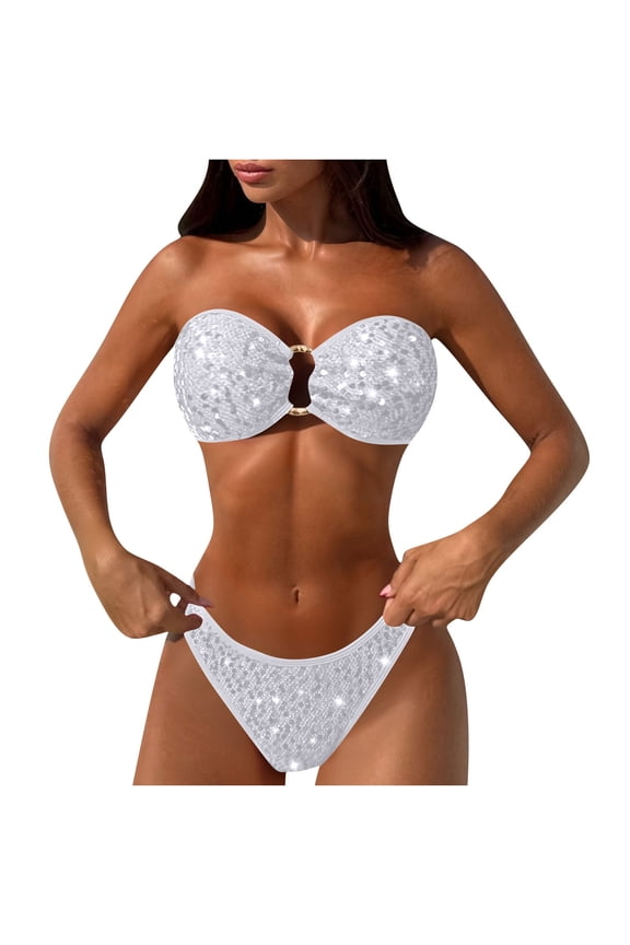 Women's 2 Piece Bandeau Bikini Set Glitter O Ring Strapless Swimsuit High Waist Stretch Sparkly Beach Wear