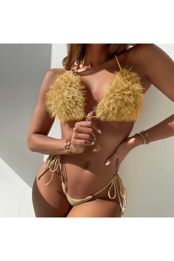 Women's 2 Piece Bathing Suit Tie Fuzzy Triangle Thong Bikini Swimsuit Pool Party Swimwear Bathing Suits Women plus Women Swimming Shorts And Shirt Bathing Shorts for Women Two Piece plus Size Bathing