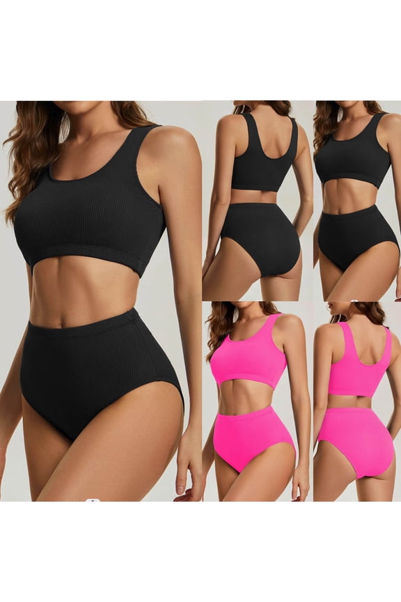 Women's 2 Piece Bathing Suits Solid Color Padded Cups Racerback Bras Soft Stretch Breathable Swimwear Swimsuits Bikini Set