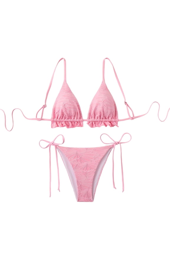 Women's 2 Piece Bikini Set Floral Print Halter Neck Tie Triangle String Thong Swimsuit Summer Bathing Suits (XL, Pink)