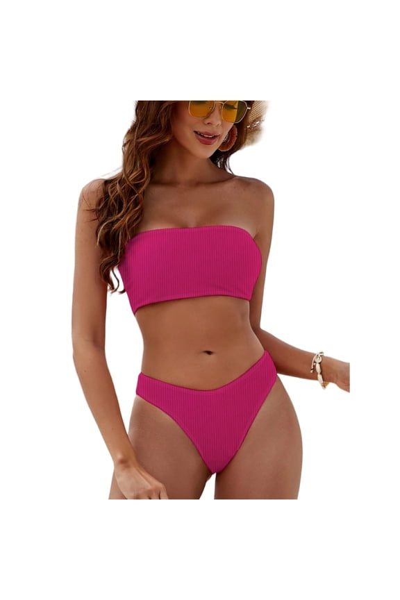 Women’s 2 Piece Bikini Set with Bandeau Top Criss Cross Back and Cheeky Bottom for Beach Vacation Hot Pink S