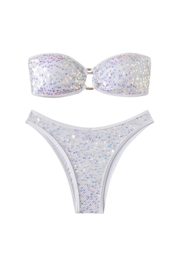 Women's 2 Piece Bikini Swimsuit Sequin Strapless Tube Tops High Cut Thong Sparky Glitter Bathing Suit (L, White)