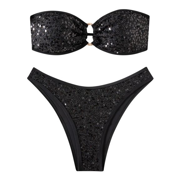 Women's 2 Piece Bikini Swimsuit Sequin Strapless Tube Tops High Cut Thong Sparky Glitter Bathing Suit (M, Black)
