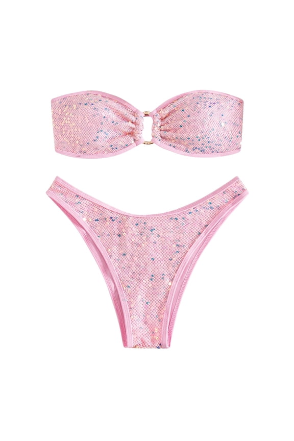 Women's 2 Piece Bikini Swimsuit Sequin Strapless Tube Tops High Cut Thong Sparky Glitter Bathing Suit (S, Pink)