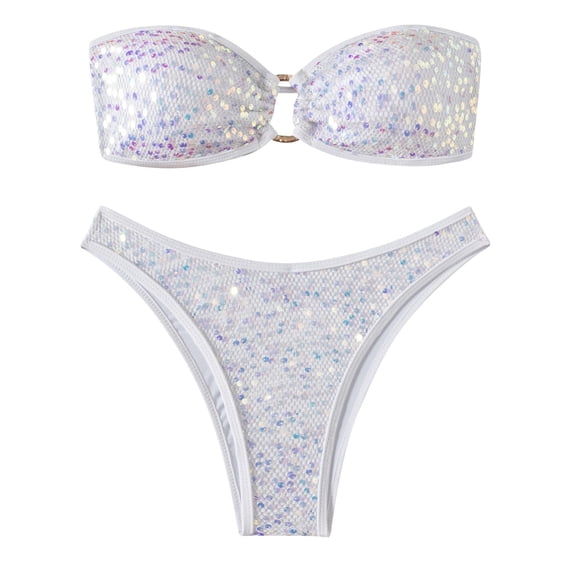 Women's 2 Piece Bikini Swimsuit Sequin Strapless Tube Tops High Cut Thong Sparky Glitter Bathing Suit (S, White)