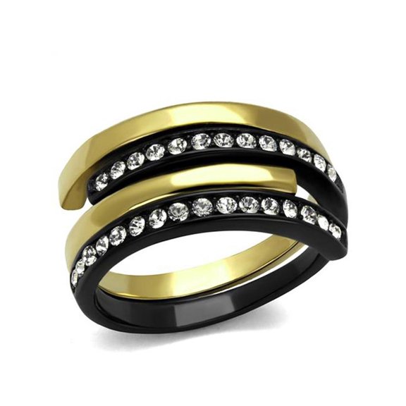 Women's 2 Piece Black and Gold Plated Stainless Steel Crystal Cuff Fashion Ring Size 8