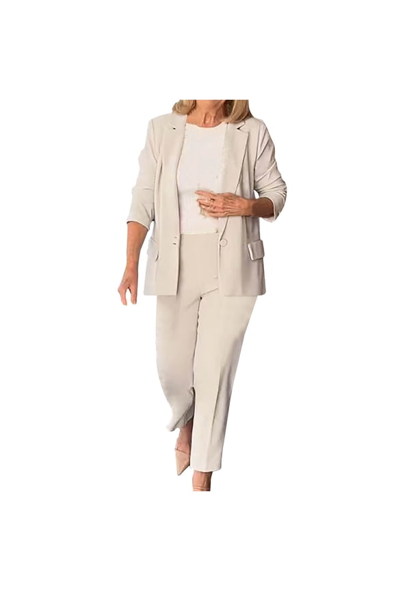 Women's 2 Piece Blazer Outfits Business Casual Office Work Outfits Dressy Jacket Wide Leg Pants Suit Sets (XL, Beige)