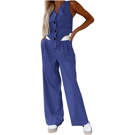 Women's 2 Piece Blazer Outfits Sleeveless V Neck Vest Waistcoat Wide Leg Pantsuit Office Dressy Casual Work Sets, S