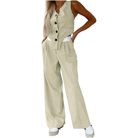 Women's 2 Piece Blazer Outfits Sleeveless V Neck Vest Waistcoat Wide Leg Pantsuit Office Dressy Casual Work Sets, XXL