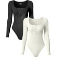 thumbnail image 1 of Women's 2 Piece Bodysuits Sexy Ribbed One Piece Long Sleeve Button Square Neck Tops Bodysuits, 1 of 3