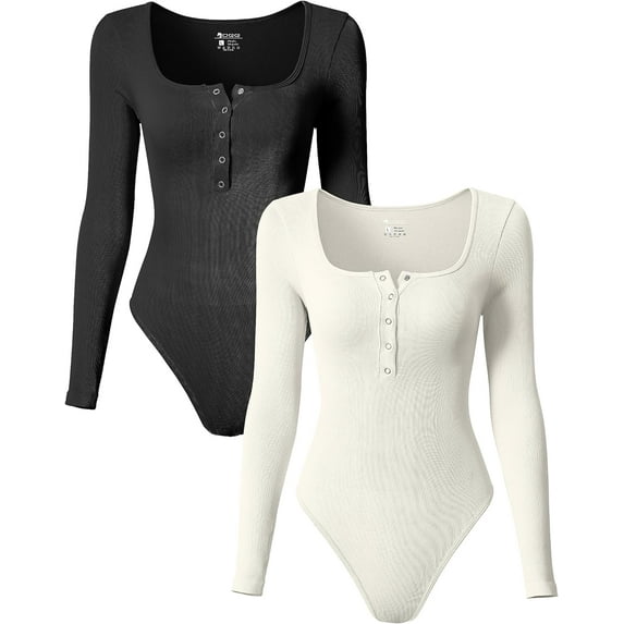 Women's 2 Piece Bodysuits Sexy Ribbed One Piece Long Sleeve Button Square Neck Tops Bodysuits
