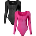 thumbnail image 1 of Women's 2 Piece Bodysuits Sexy Ribbed One Piece Long Sleeve Button Square Neck Tops Bodysuits, 1 of 3