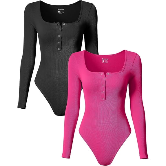 Women's 2 Piece Bodysuits Sexy Ribbed One Piece Long Sleeve Button Square Neck Tops Bodysuits