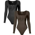 thumbnail image 1 of Women's 2 Piece Bodysuits Sexy Ribbed One Piece Long Sleeve Button Square Neck Tops Bodysuits, 1 of 3