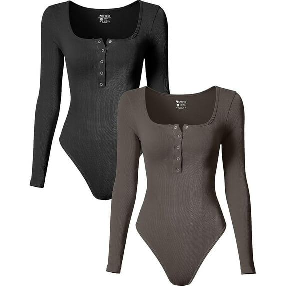 Women's 2 Piece Bodysuits Sexy Ribbed One Piece Long Sleeve Button Square Neck Tops Bodysuits