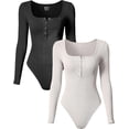 thumbnail image 1 of Women's 2 Piece Bodysuits Sexy Ribbed One Piece Long Sleeve Button Square Neck Tops Bodysuits, 1 of 3